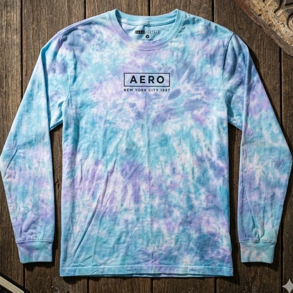 Aeropostale Tie Dye Long Sleeve T-Shirt Men's Medium Blue Purple Box Logo